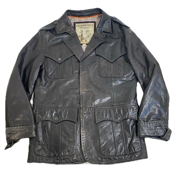 Mens Faconnable Soft Leather Flight Jacket Coat Black Medium Stitching Vtg Style - Picture 15 of 16